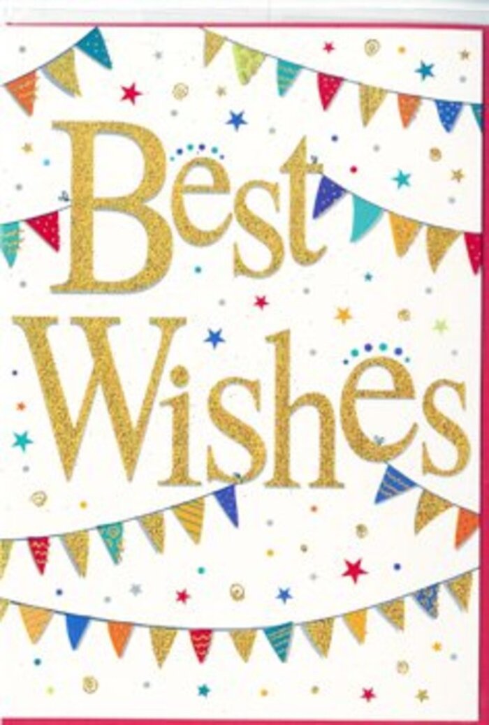 The congratulations card shown here feels like a snapshot of happiness translated into paper, much like the mood of receiving fresh flowers at your door in Greenhithe. Centred on a crisp white background, the phrase Best Wishes is written in sweeping, cursive script that flows gracefully from left to right. Each letter is picked out in lustrous gold foil, embossed so that it stands slightly proud of the surface, creating subtle shadows that give the script a sculpted appearance. The gold catches the light with a refined sparkle, not overpowering but gently radiant, reminiscent of the soft glow over the Thames on a calm evening near Ingress Abbey. Around this glowing message, strands of bunting are draped in loose arches across the top and bottom of the card, framing the words with a celebratory flourish. The small triangular flags are brightly coloured-ruby red, sapphire blue, emerald green, and sunshine yellow-some adorned with tiny stripes, others with spots or mosaic-style patterns, making each pennant feel distinct yet harmonious. These bunting lines introduce a sense of rhythm and movement, as if the flags are lightly swaying in a breeze at a summer gathering in Greenhithe or neighbouring Stone. Scattered delicately throughout the design are small stars and round confetti dots, arranged in a way that feels spontaneous and joyful, like the lingering traces of a party. The balance of open white space, gleaming gold, and colourful accents creates a card that is both modern and timeless. It would sit beautifully alongside a celebratory bouquet delivered anywhere in Greenhithe, from homes near Bluewater to quiet residential streets, conveying heartfelt congratulations, encouragement, or good luck with understated charm.