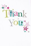 I see a thank-you card that feels like a small summer celebration flattened to white paper: the words Thank You parade across the front in playful typography, each letter its own character - lime green, fuchsia, and cool blue mingle with warm yellow and a soft silver that catches the light like a whisper of glitter. Some letters are patched with tiny polka dots, others edged in delicate stitched flourishes, suggesting the handmade pleasure of a card lifted from a crafter's desk. Around the message, clusters of miniature stars-magenta, teal and pearly silver-drift as if caught by a passing breeze, adding a confetti-like lift without ever crowding the pristine white background. The composition reads as airy and tactile: you can almost feel the raised ink, the shimmer under soft morning light, and the reassuring weight of the card in your hand. As a florist working near Greenhithe station and the Thames promenade, I often tuck a card like this into bright bouquets destined for Bluewater or the riverside cottages; its cheerful textures echo the colours of gerberas and freesias, and its sunny mood complements stems rather than competing with them. The overall effect is sincere and lighthearted-a tactile thank-you that reads loud in colour and quiet in tone, perfectly suited to follow a bouquet delivered for a neighbour's kindness, a teacher's favour, or a small local party. It invites the recipient to smile, to touch, and to keep the memory of gratitude as a small, colourful keepsake.